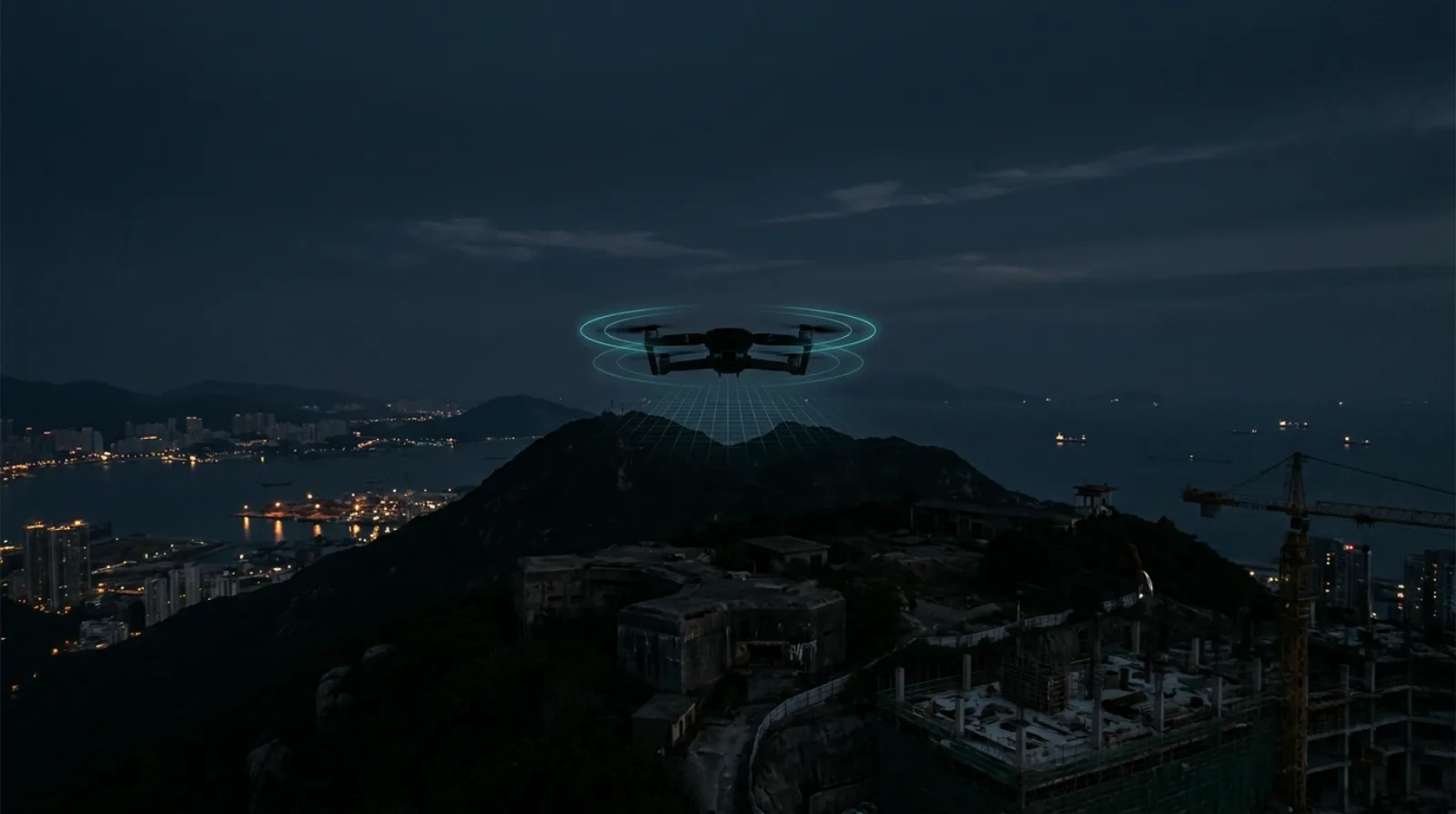 A drone hovering over a dark island with old military buildings and construction cranes at night, ringed by cyan radar circles